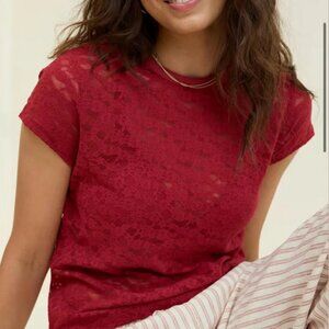 Aerie Red Lace Short Sleeve Top Sheer Floral Pattern